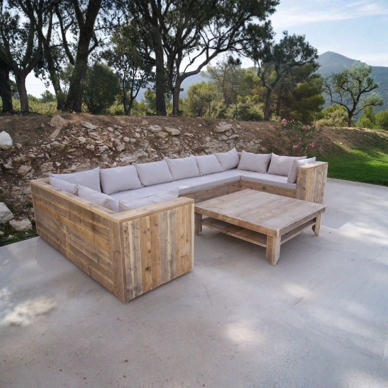 Salon extérieur palette avec assises et dossiers sur mesure